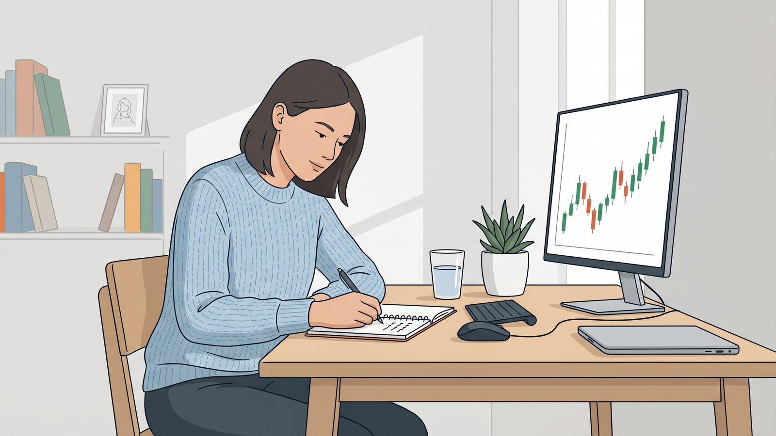 Woman studying Online Trading Courses and taking notes at a home office desk