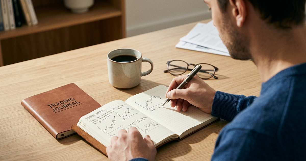 Person learning stock trading from scratch by writing chart patterns in a trading journal