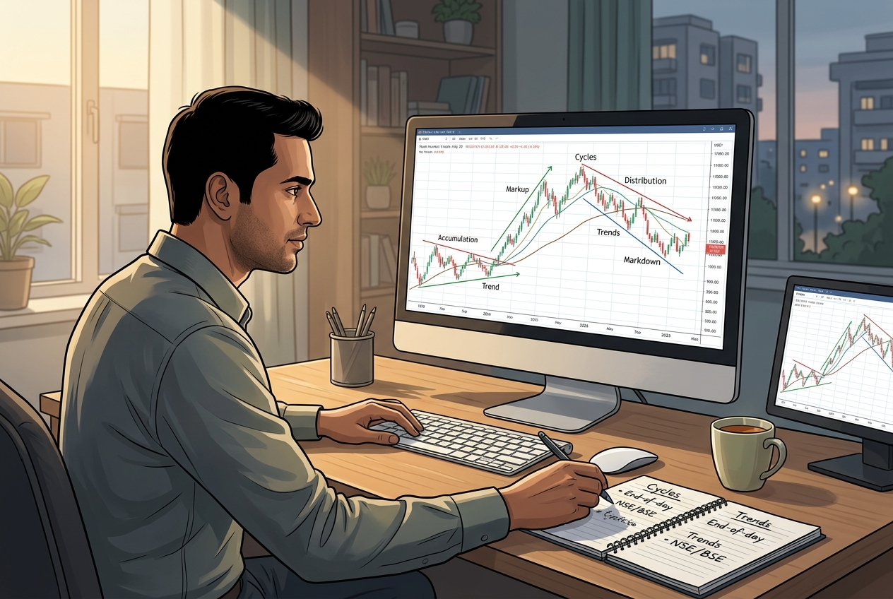 A trader studying market cycles and trend patterns for technical analysis.