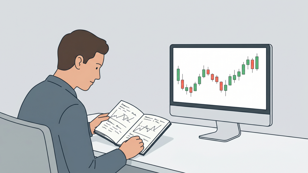 A trader reviewing a physical trading journal at a desk with a plain candlestick chart on the monitor.