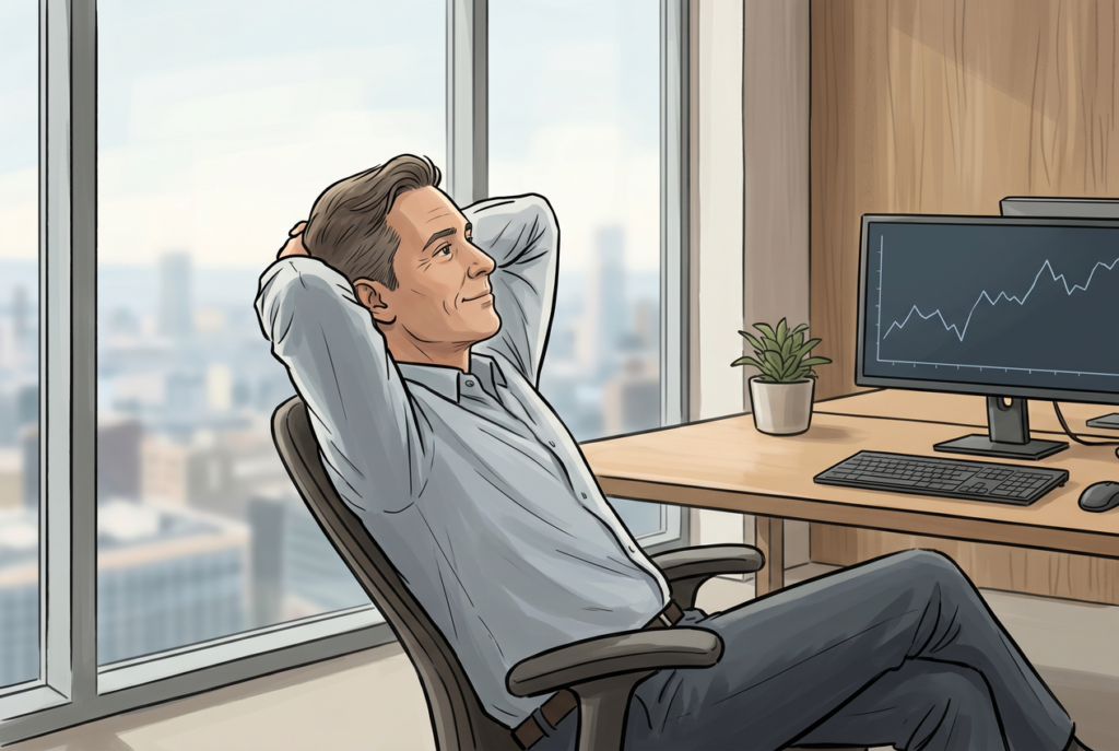 A person leaning back in their office chair, looking out a window away from their desk
