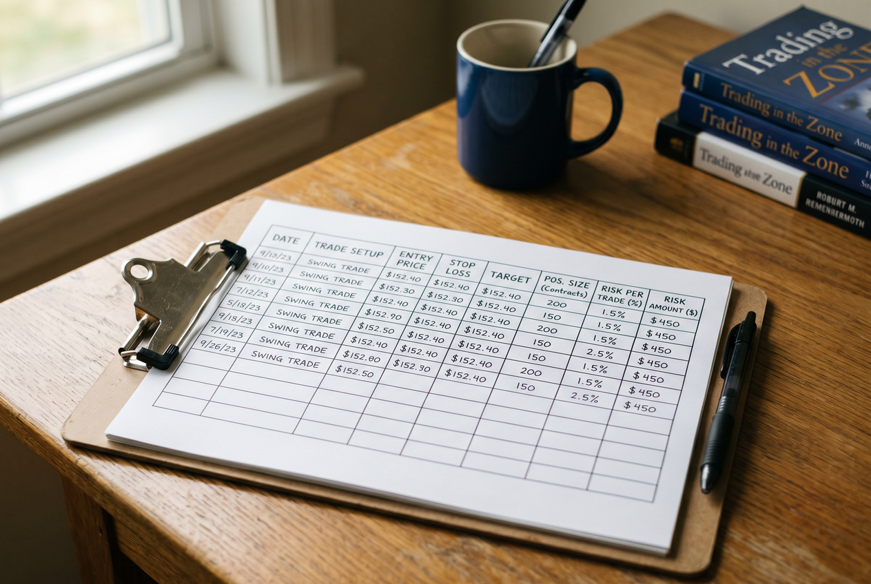 A printed spreadsheet on a clipboard used for logging trade risk and size.