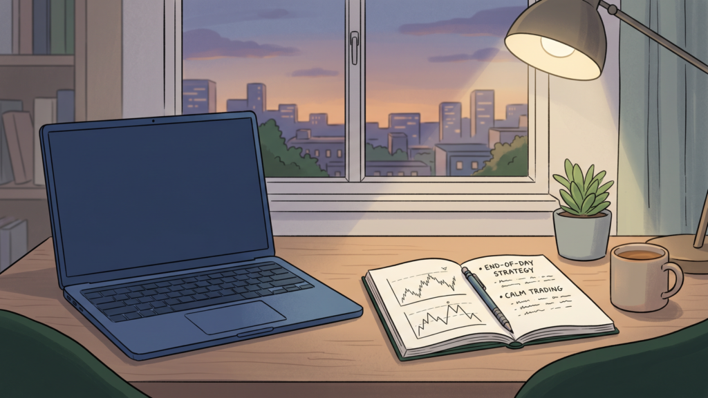 A calm evening home office setup with a closed laptop and a notebook.