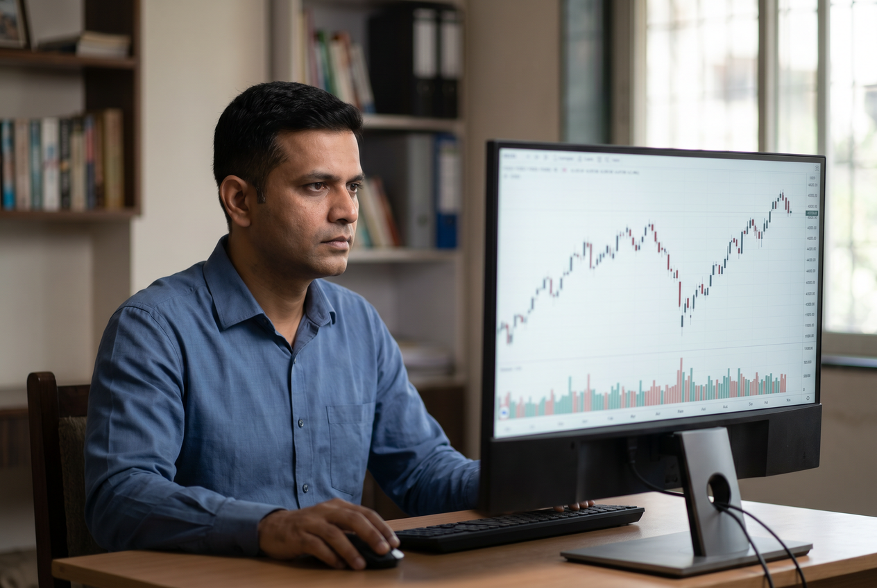 A focused trader looking at a desktop monitor showing clean end-of-day data.