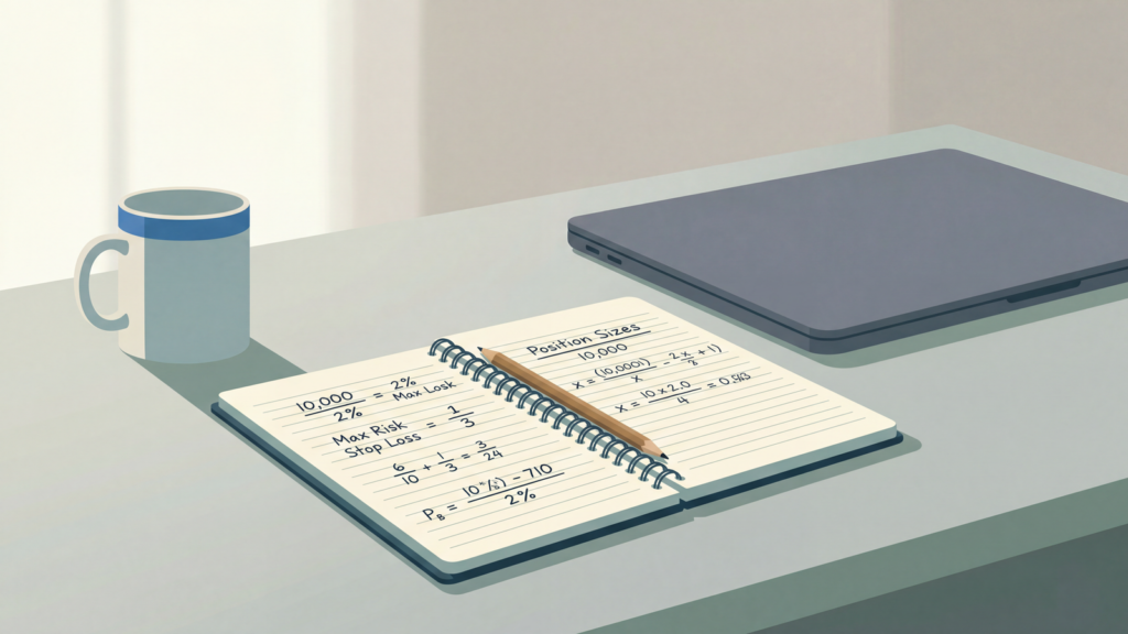 A clean desk with a notebook showing handwritten math calculations and a closed laptop.