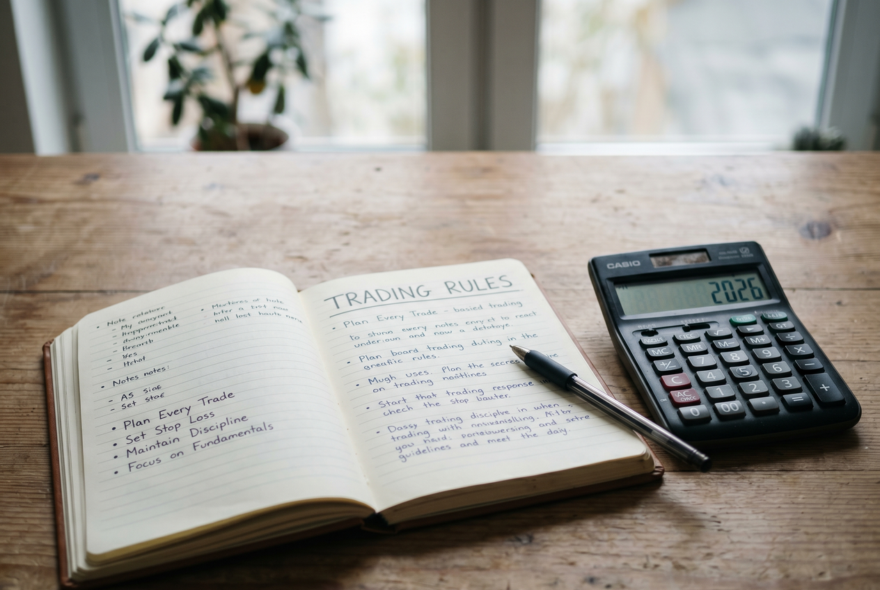 A notebook labeled Trading Rules next to a calculator, representing disciplined trading.