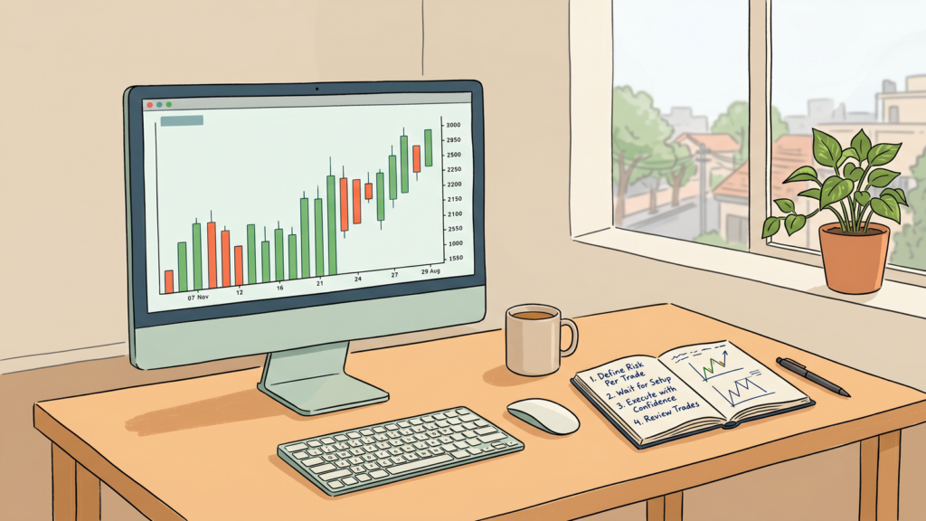 A clean trading desk with a monitor showing a simple bar chart and a notebook with handwritten rules.