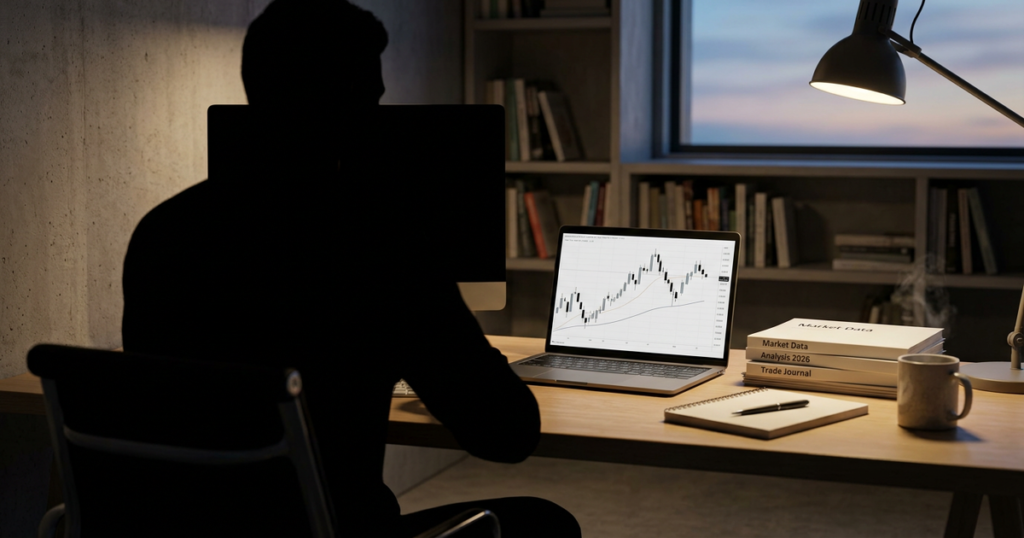 A quiet evening workspace setup for end-of-day market review.