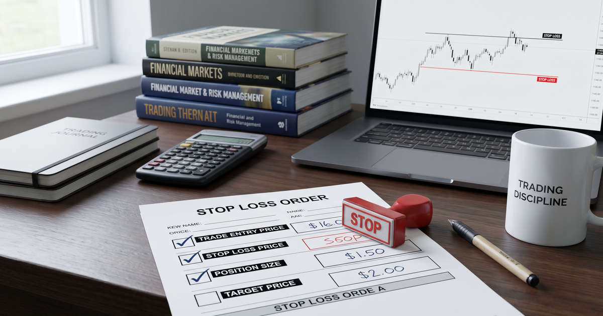 Trading desk with stop-loss order sheet, calculator, laptop chart, and risk management books.