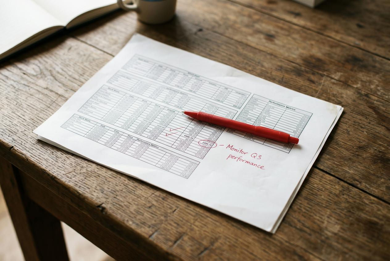 A printed spreadsheet on a wooden table with a red pen resting on it