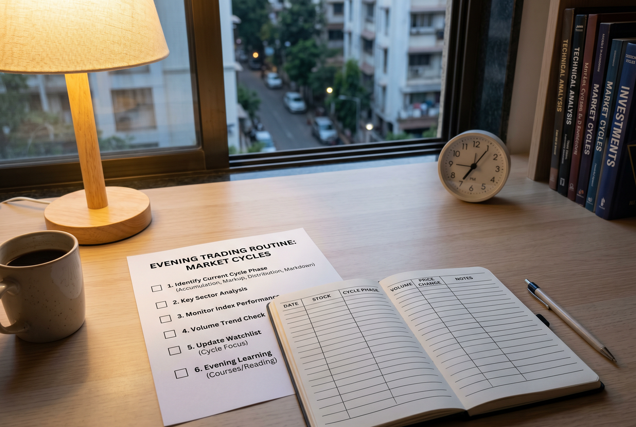 A desk setup featuring a printed checklist and a blank spreadsheet for evening market analysis.