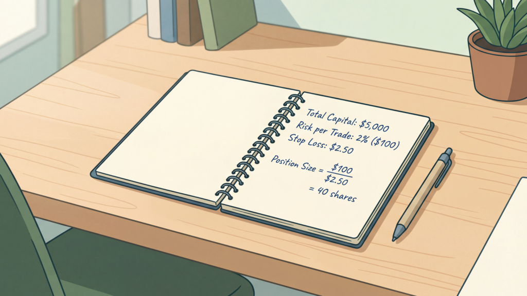 A notebook with math calculations on a desk representing position sizing