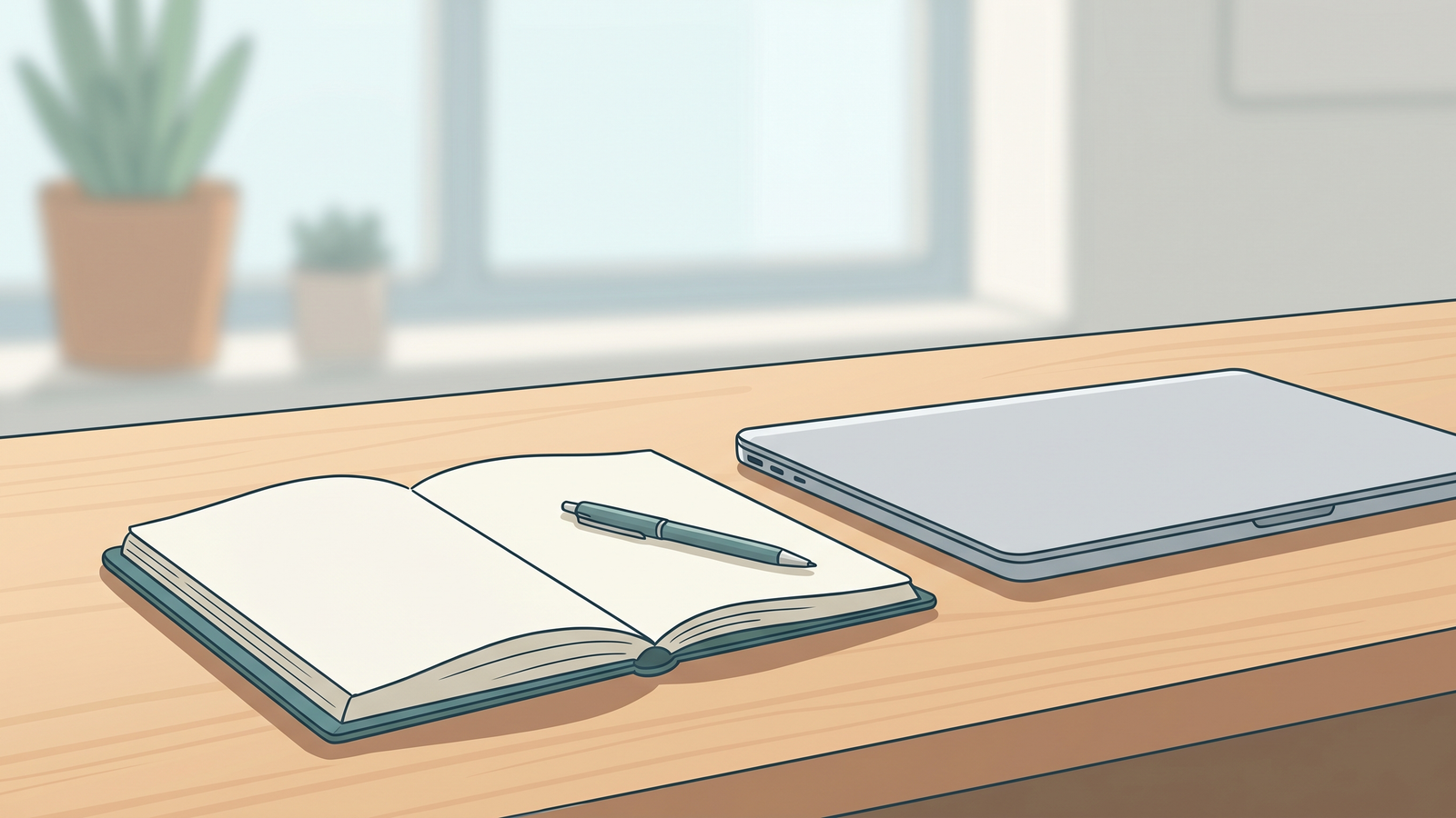 A clean, organized trader's desk with a physical notebook and pen resting next to a closed laptop.