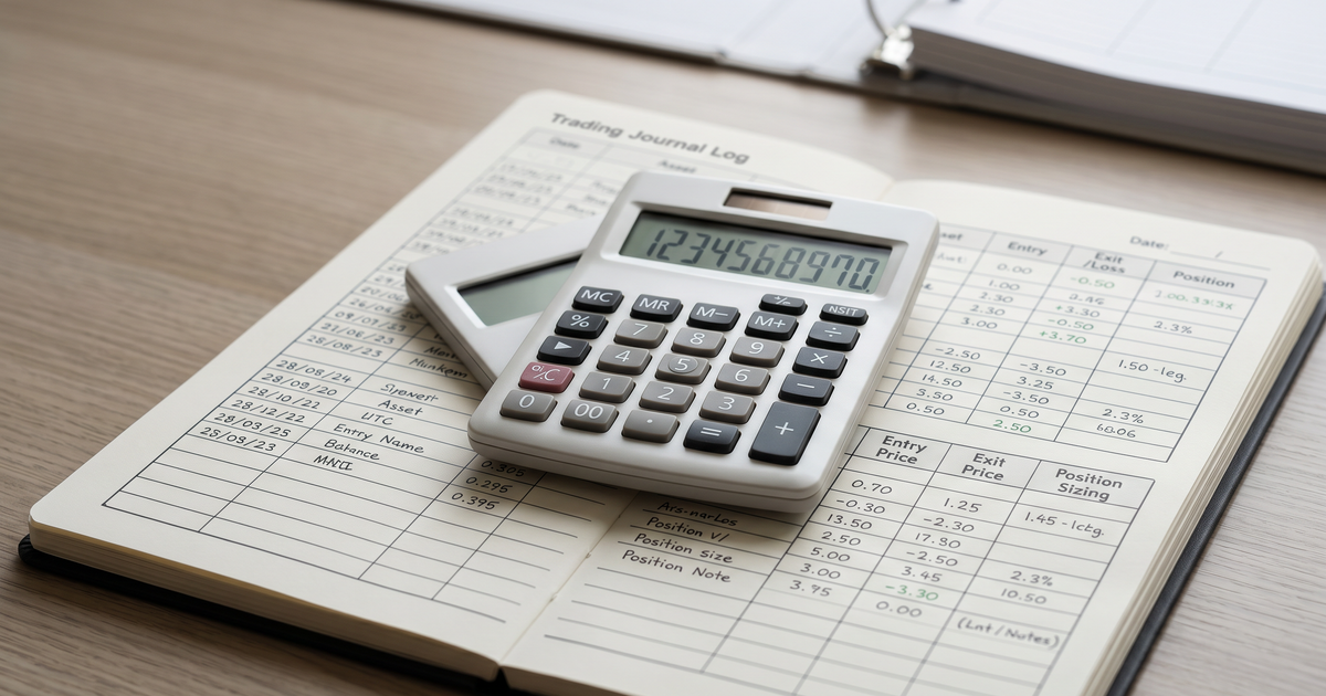 A calculator resting on a printed trading journal logbook.
