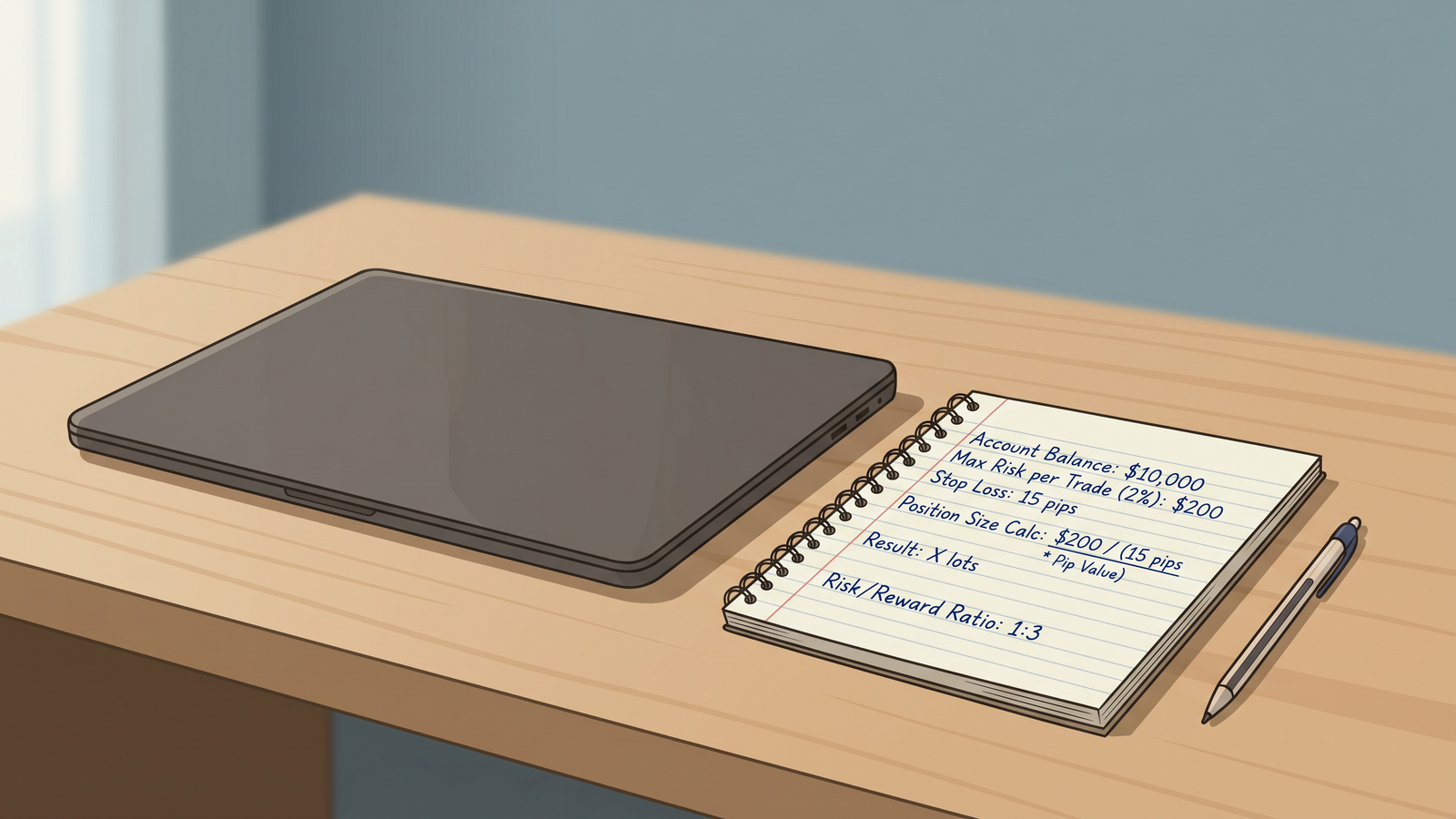 A closed laptop next to a notepad showing a handwritten risk calculation