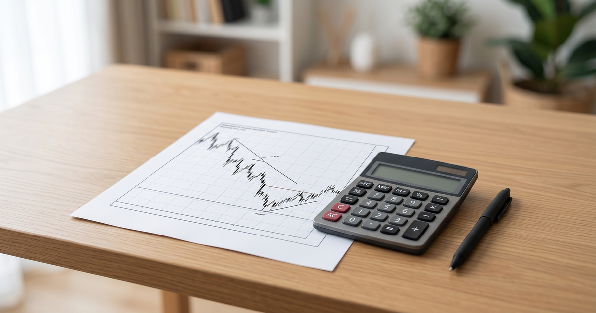 A calculator and printed stock chart on a desk