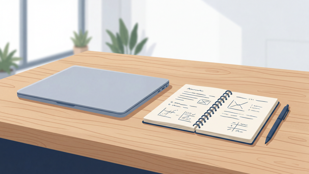 A closed laptop and an open notebook on a clean wooden desk, representing a break from trading.